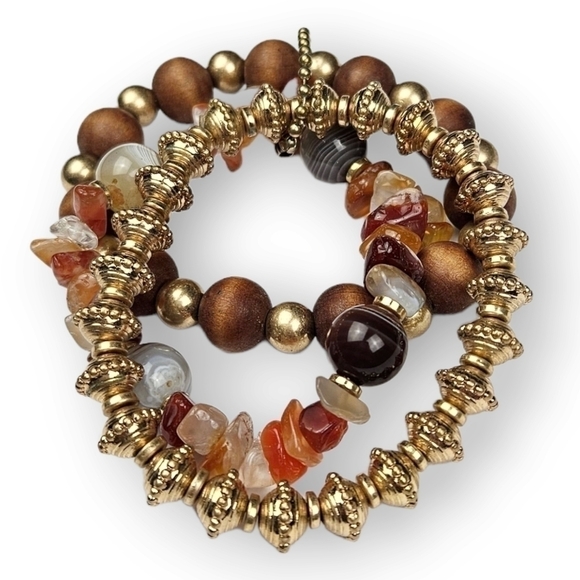 Beaded Bracelet Set Of 3 Natural Stone Wood Antiqued Gold Tone Bohemian ~7" Long - Picture 2 of 6